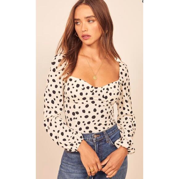 Reformation Reign White Black Polka Dots Long Sleeve Corset Bustier Crop Top 8 - Picture 1 of 5